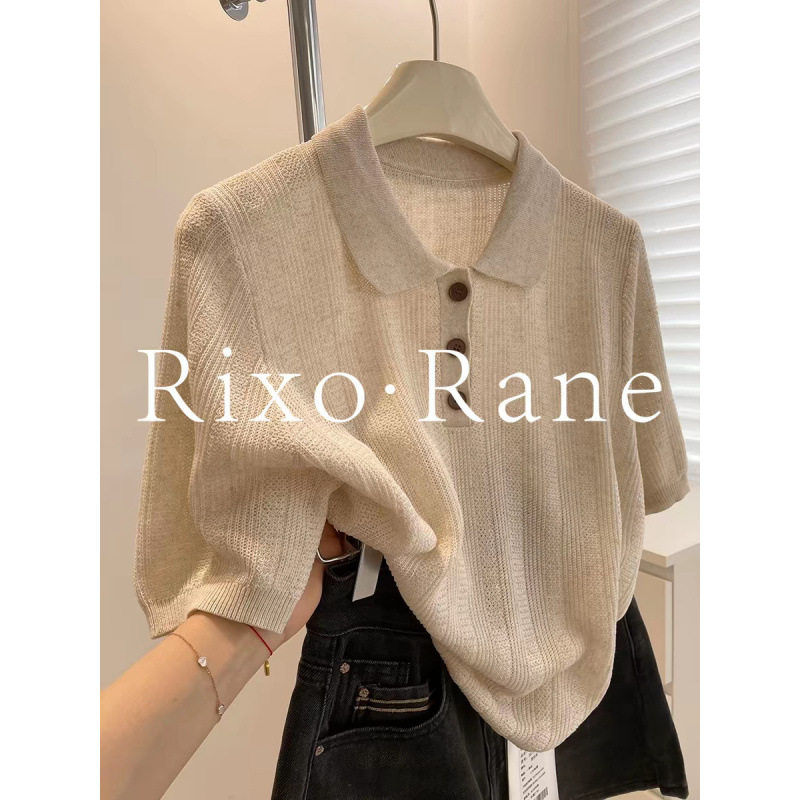 法国Rixo Rane冰丝针织短袖T恤女气质通勤显瘦正肩休闲polo衫上衣