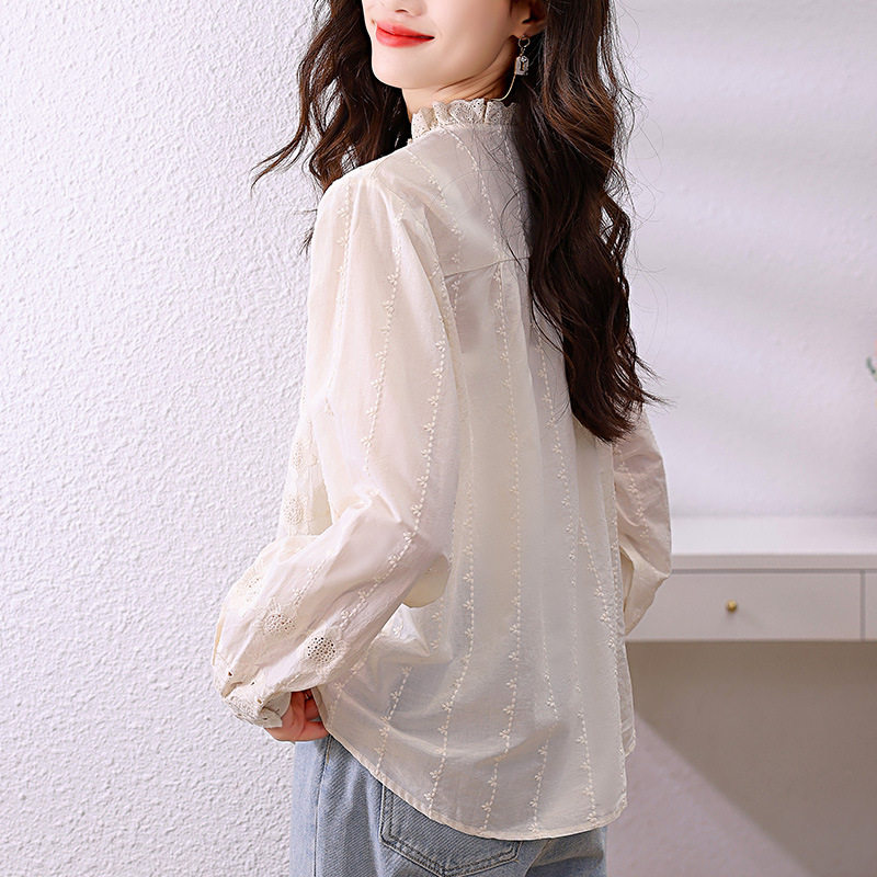 女式衬衫2026春装新款蕾丝花边木耳领杏色上衣长袖刺绣花纯棉衬衣