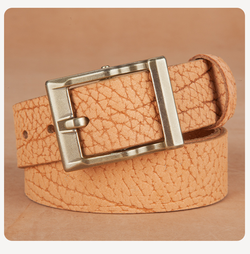 复古水洗压印花纹头层牛皮铜扣皮带男真皮潮流百搭休闲牛仔裤腰带