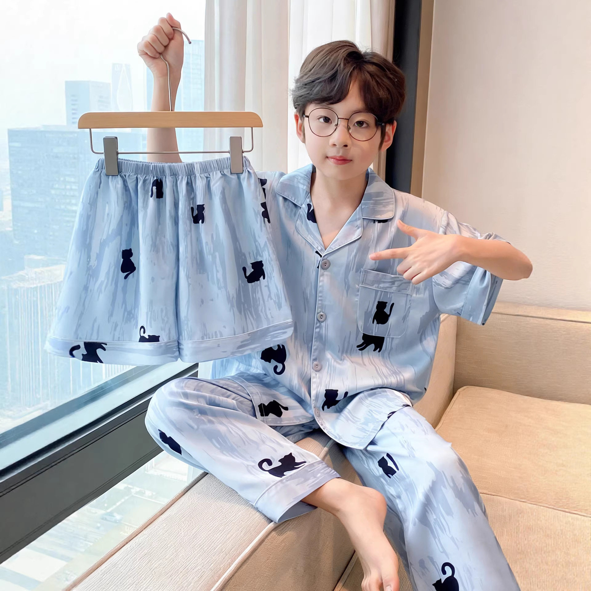 2026男童冰丝夏款三件套睡衣