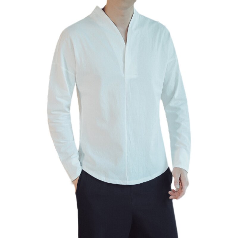 7030-P55秋冬8风汉服加绒加厚长袖T恤亚交叉领唐装男,男装衬衫,钱塘715