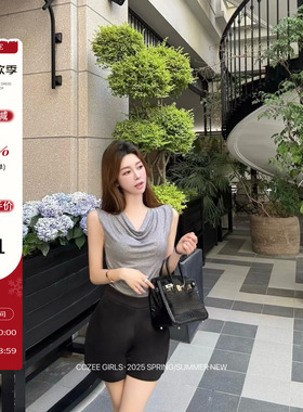 cczee 韩女walk in 简约休闲百搭高腰显瘦黑色包臀哑光缎面短裤