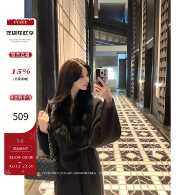 CCZEE 保命小暖炉 真狐狸毛领秋冬法式时尚复古收腰黑色针织大衣
