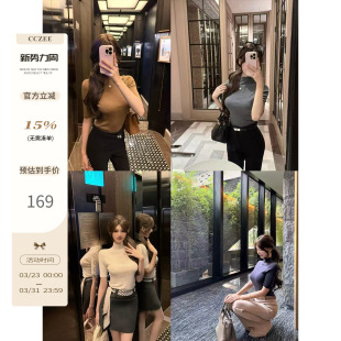 全羊毛上衣女秋修身 半高领中袖 百搭针织t恤 row风纸片人 CCZEE