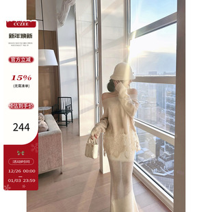 女冬季 一字肩蕾丝拼接羊毛针织衫 松弛感上衣 霓虹梦境 CCZEE