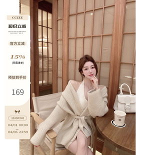 系带针织大开衫 女春慵懒宽松显瘦可束腰外套上衣 春日特调 CCZEE