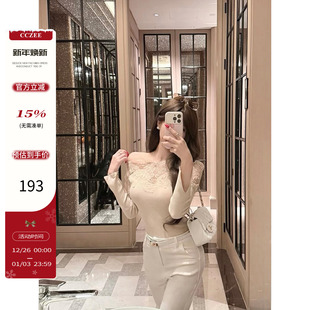 高级感一字肩修身 蕾丝露肩上衣女秋冬法式 上衣 酥酥心跳 CCZEE