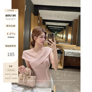 慵懒性感显瘦短款 交叉V领上衣女春季 露肩打底T恤 浪漫桃桃 CCZEE