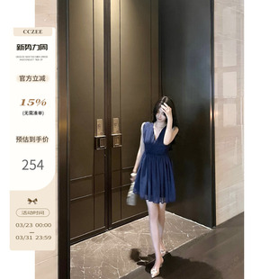 CCZEE漫步汉江畔 背心裙子 玛瑙蓝连衣裙女夏V领气质收腰显瘦无袖