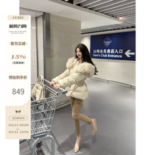 时尚 银狐毛领腰带连帽羽绒服女韩版 小众显瘦外套 白露落霜 CCZEE