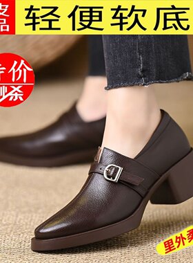 真皮尖头粗跟单鞋女2025春秋新款