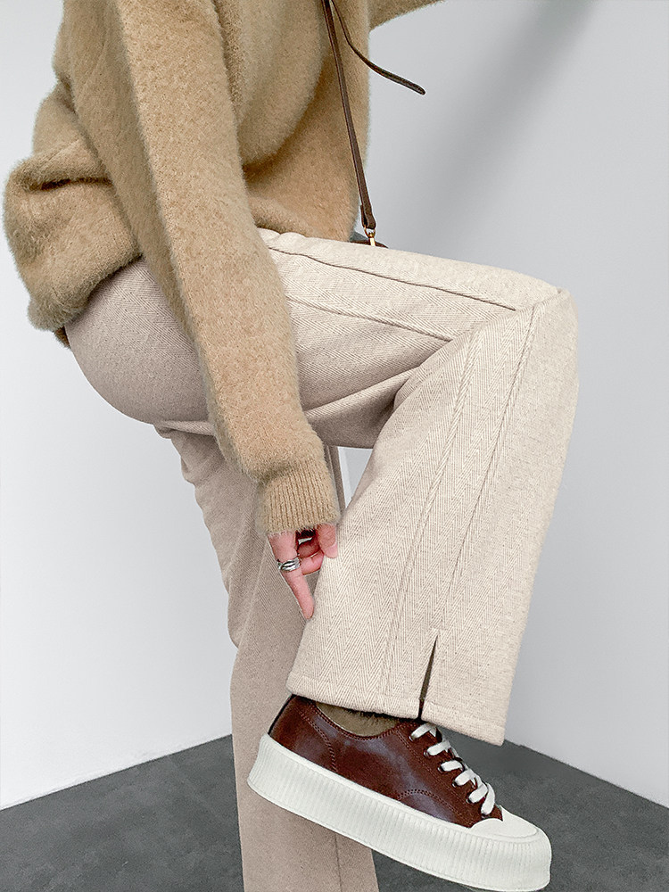 人字纹加绒阔腿裤女秋冬2025新款加厚毛呢直筒裤子羊毛休闲长裤