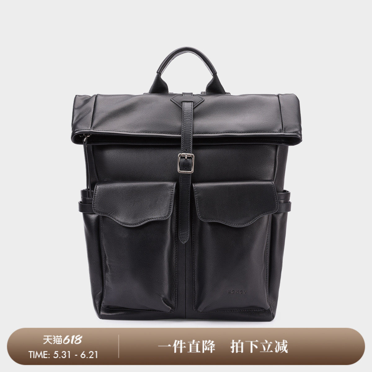 HONGU/红谷复古风牛皮双肩包男士黑色大容量翻盖通勤背包高档