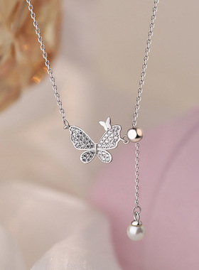 S999纯银小清新甜美蝴蝶珍珠项链女ins小众轻奢锁骨链简约高级感