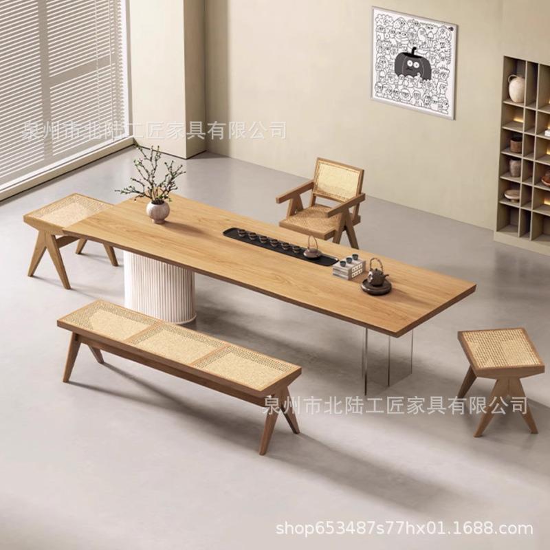 侘寂风茶桌实木悬浮奶油风泡茶桌茶室会客客厅家用一体办公茶台