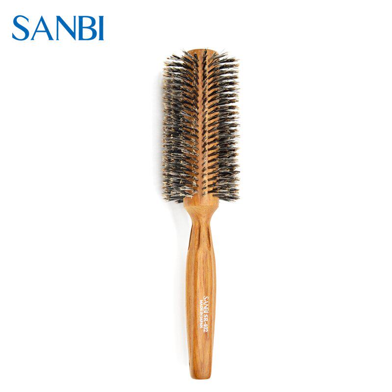 日本进口SANBI三碧品牌 防静电滚梳软猪鬃毛原木手柄滚卷发梳包邮