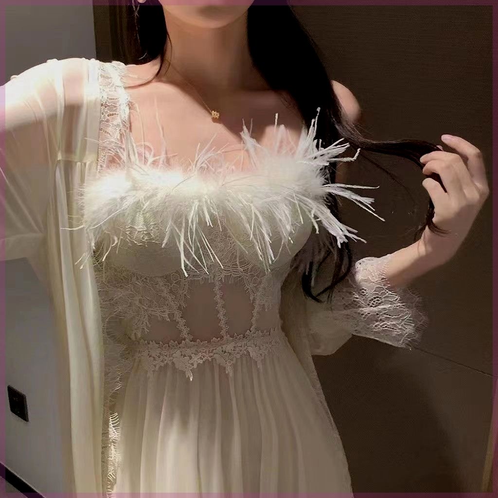 2024春夏新款晨袍女新娘结婚羽毛性感吊带睡裙长款冰丝睡衣高级感