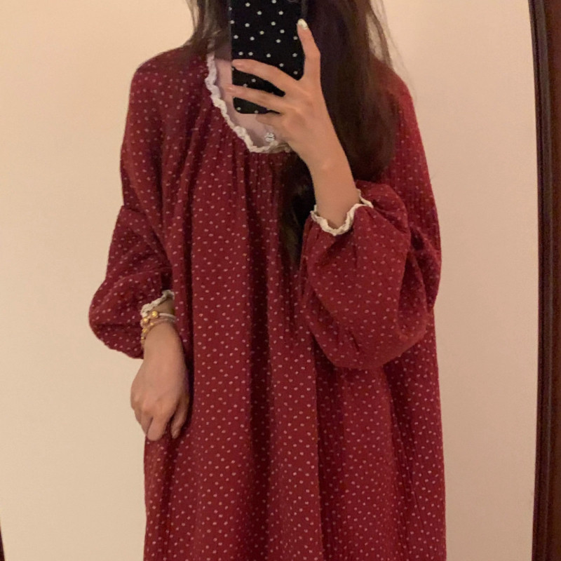 少女甜美波点长袖睡衣女款春秋款新款大码家居服睡裙红色连衣裙子