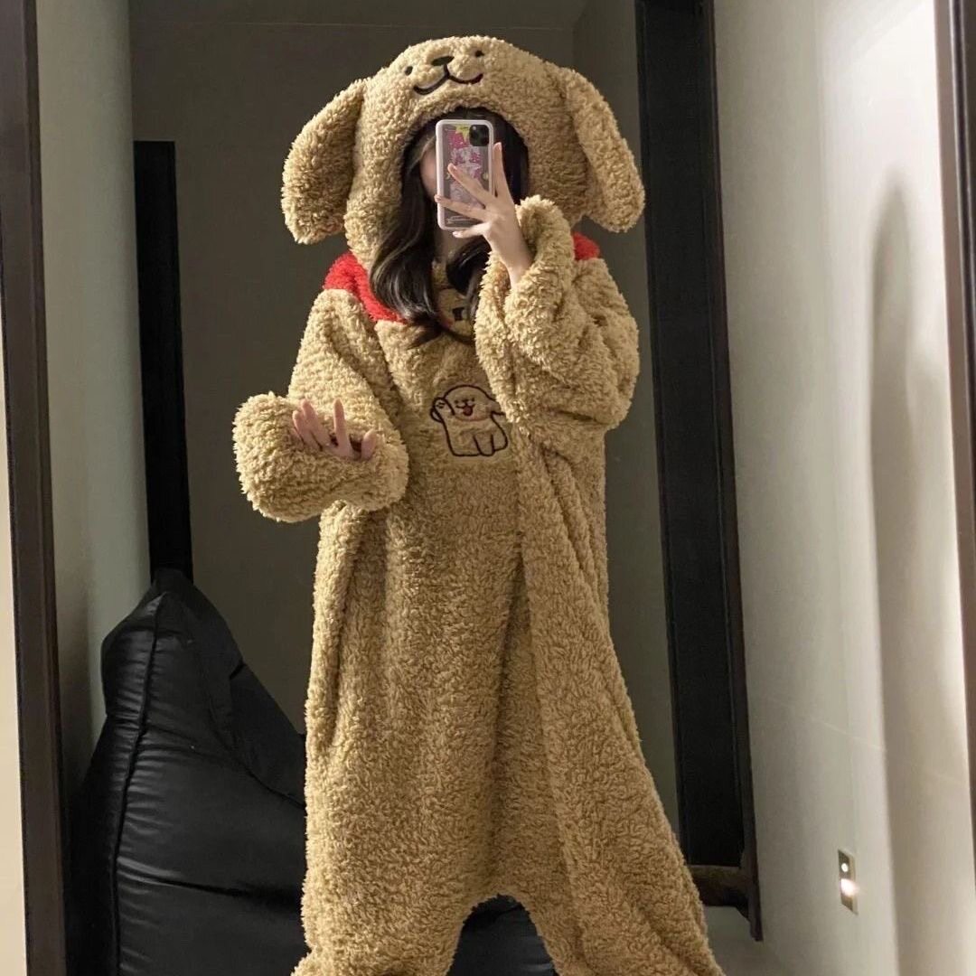 冬季可爱小狗连体加厚耐冻睡衣珊瑚绒新款家居服宿舍可外穿居家服