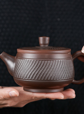 紫陶手工跳刀纹汉瓦壶凤鸣壶大容量紫陶壶高档家用茶具礼盒VB735