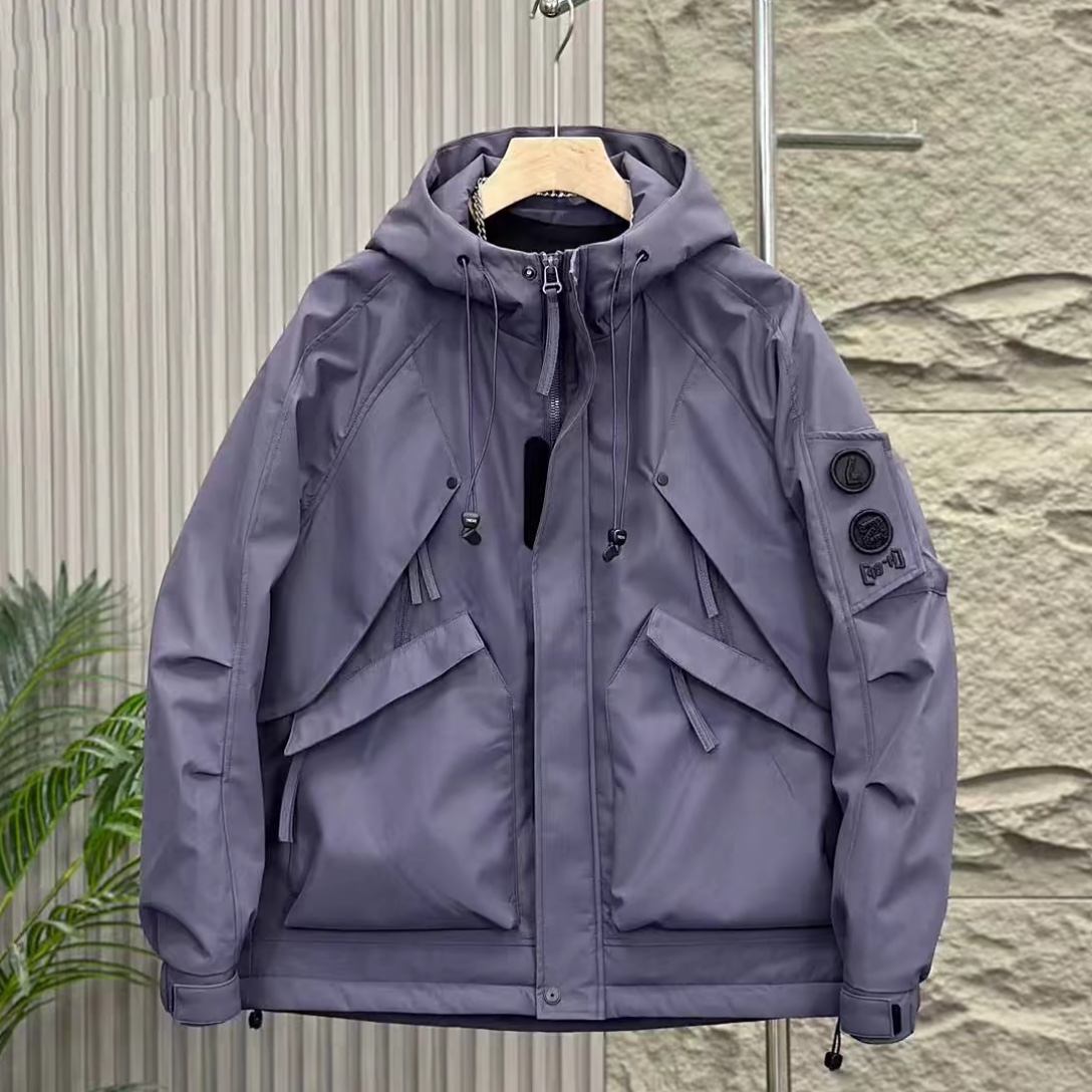 冲锋衣男秋冬新款工装连帽薄棉外套潮流时尚百搭上衣痞帅保暖棉衣