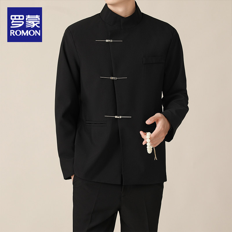 罗蒙新中式西装外套男春秋风婚礼西服感立领飞机扣中山装黑色西服,男装,中山装,淘宝优惠券,粉丝福利购,淘宝优惠卷