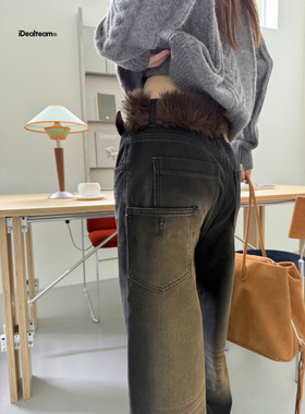 IDEALTEAM 怀旧水洗牛仔裤女2025十三行秋冬新款加绒猫须长裤