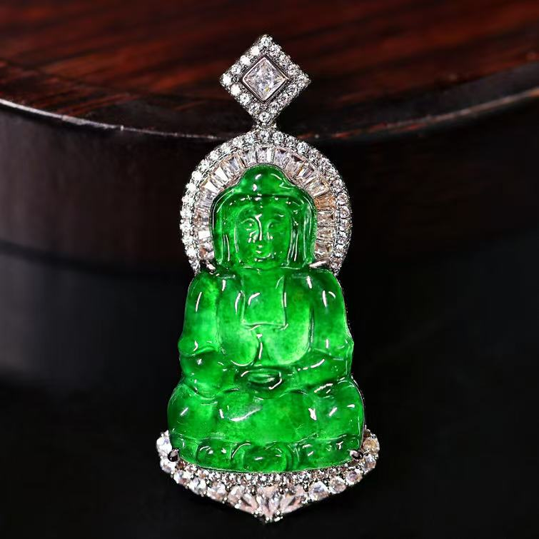 【颖有尽有】天然A货翡翠豪镶冰种满绿观音吊坠百搭款KBR51211001