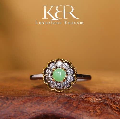 高定设计款天然A货翡翠蛋面豪镶戒指简约百搭时尚百搭KBR50524009
