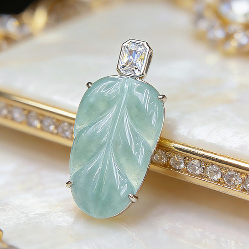 新款设计款天然A货翡翠冰种叶子吊坠简镶简约百搭款 KBR60324001