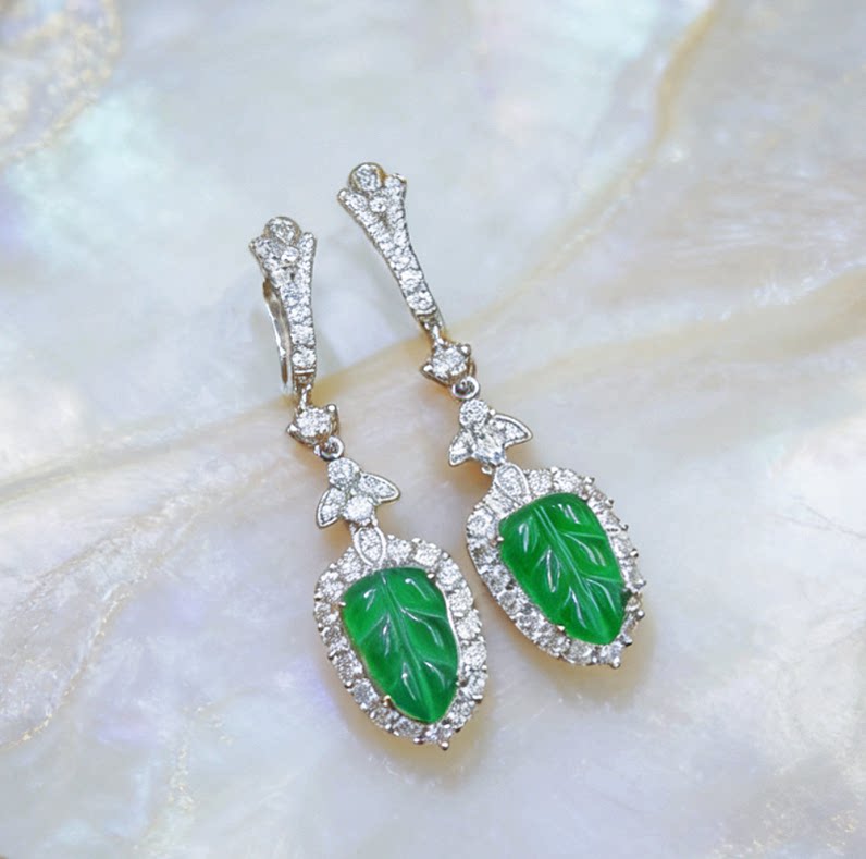 新款天然A货翡翠冰种满绿叶子耳环时尚气质百搭设计款KBR60316003