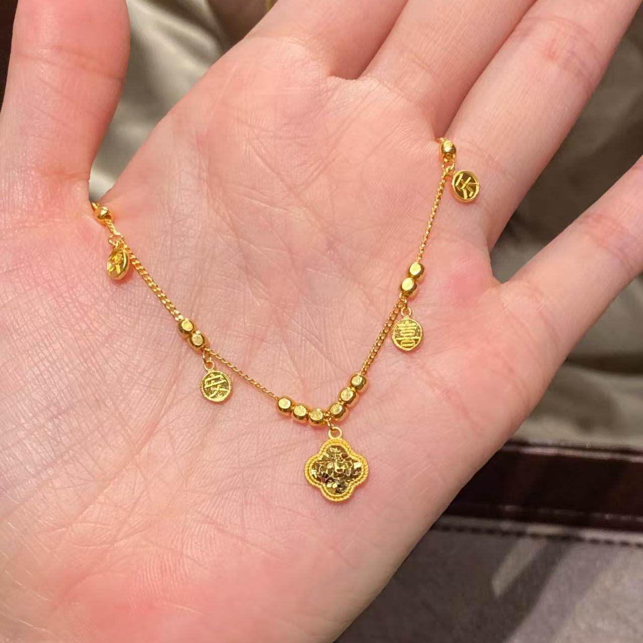 金店同款沙金饰品平安喜乐碎碎冰四叶草项链仿真金轻奢感百搭锁骨
