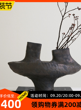 新中式抽象黑色陶瓷磐石花w器样板间餐厅艺术花摆件客厅玄关软装