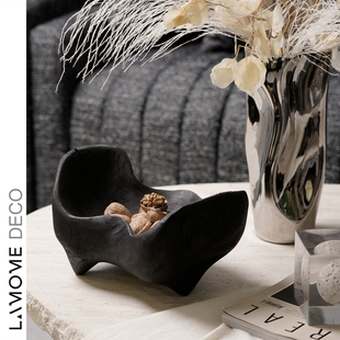 极简现代侘寂风黑色碳化木果盘样板房售楼处客厅茶几桌面软装 饰品