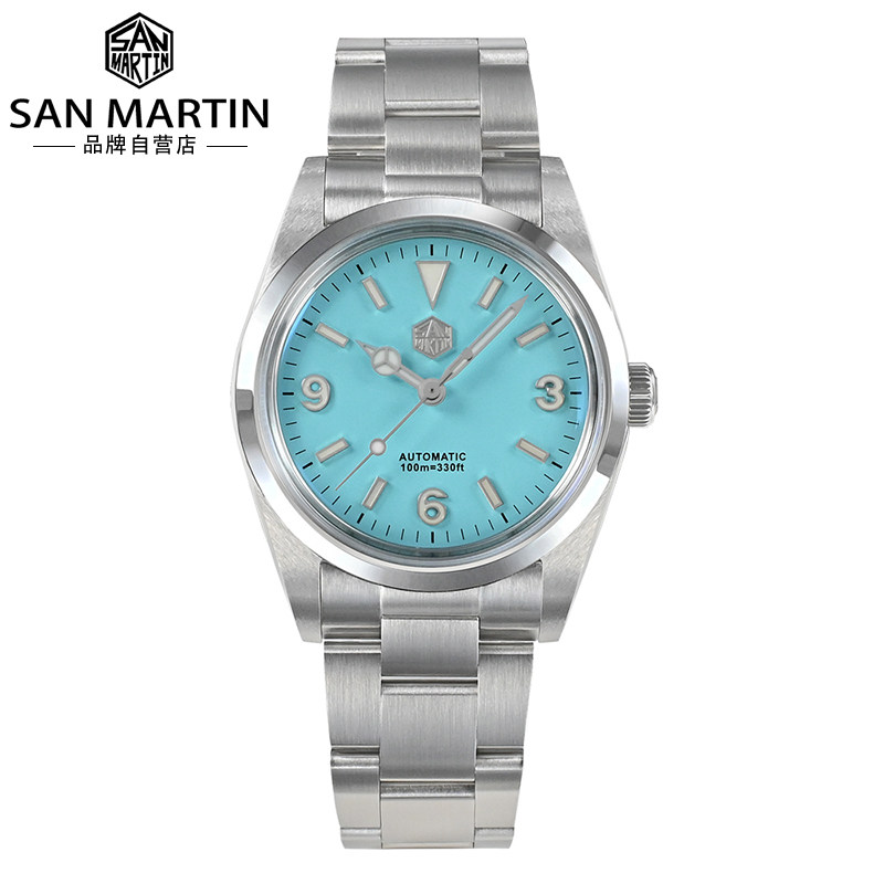 San Martin军魂定制手表浅蓝运动防水不锈钢机械表探险SN0021