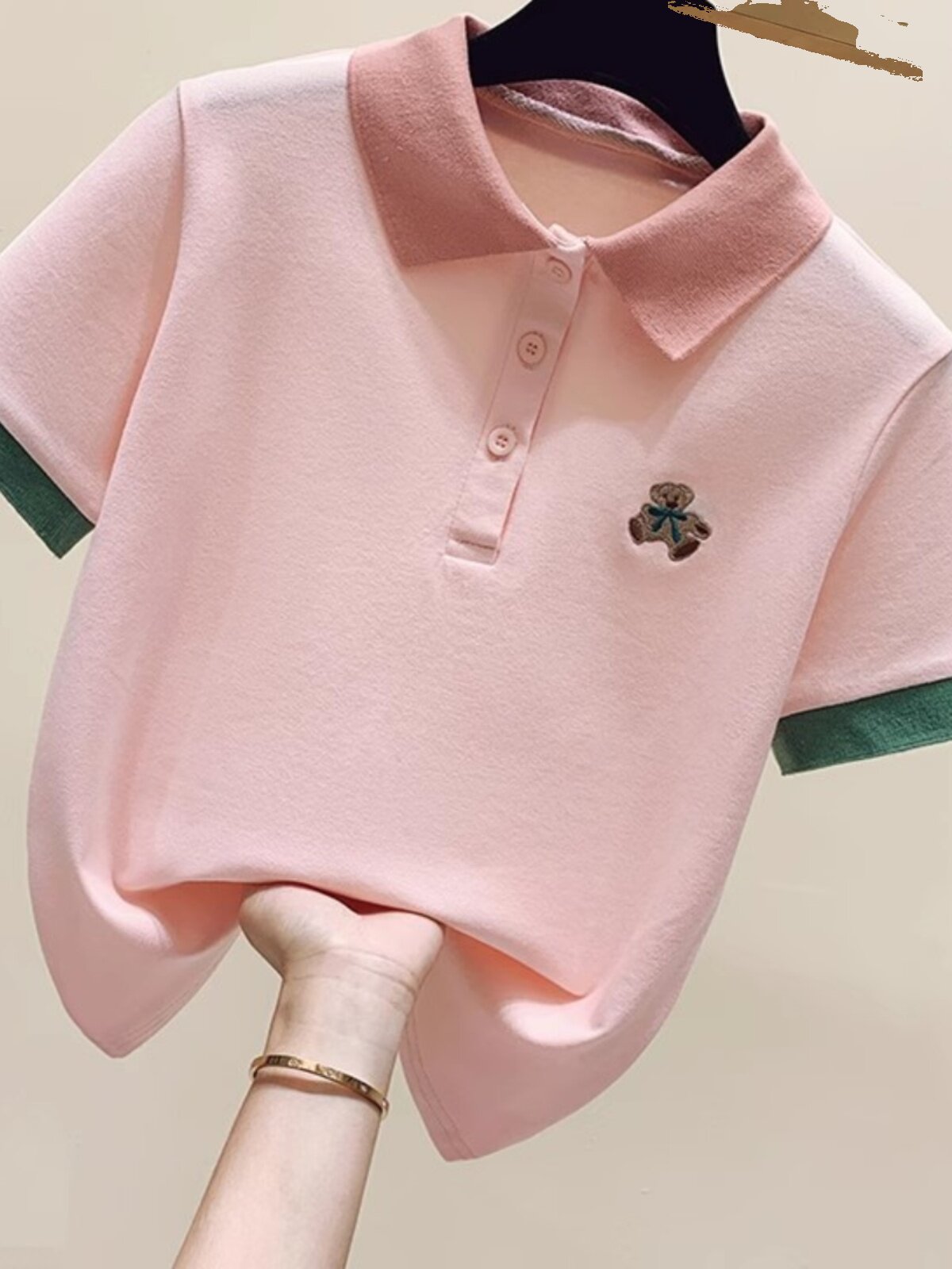polo衫短袖T恤少女夏装2024新款初中高中学生百搭撞色刺绣上衣服