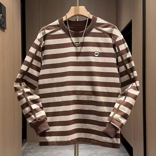 美式休闲潮流男士拼色圆领卫衣韩版宽松大码时尚百搭条纹洋气个性
