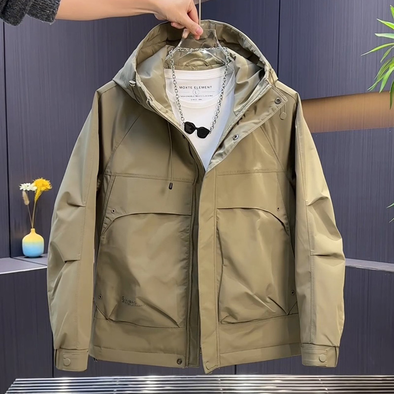 加厚男士韩版纯色简约连帽棉服外套冬季新款夹棉保暖拼接设计夹克