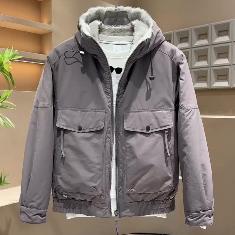 大码美式潮牌复古工装双面棉服男士冬季户外保暖加厚连帽短款外套