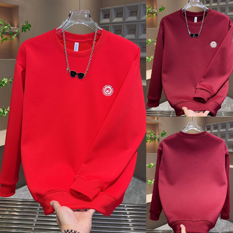 新款简约日系圆领卫衣男冬季保暖加厚长袖打底衫修身时尚保暖红色