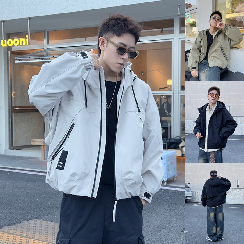 春季新款拼接薄款冲锋衣情侣款宽松连帽加棉夹克拉链口袋休闲外套