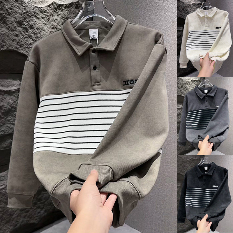美式拼接个性条纹翻领打底polo衫2025宽松百搭休闲卫衣加绒长袖衫