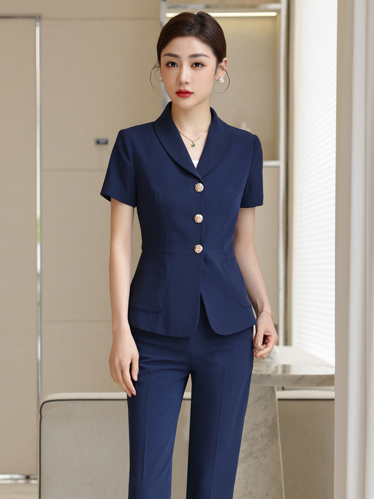 여성을 위한 비즈니스 정장 정장 2023 여름 새로운 기질이 가능한 프런트 데스크 호텔 작은 사람들을 위한 반팔 작업복