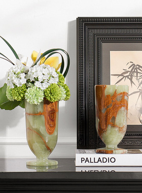 古风天然大理石花瓶侘寂摆件样板间售楼处客厅小众高级装饰品摆件