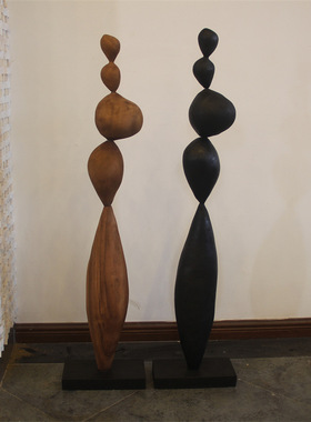 实木雕塑中古侘寂风落地摆件装饰客厅售楼处样板软装抽象大型雕塑