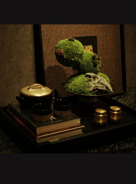 新中式样板间售楼处托盘青苔质感装饰画软装玄关软装高级感组合