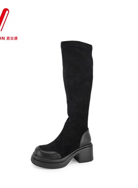 意尔康女靴2025春季新款长筒弹力靴中跟圆头时尚百搭S662AH06161Y