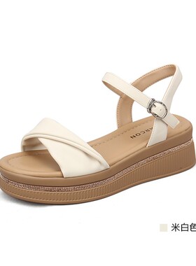 意尔康凉鞋女2024年新款凉鞋厚底中跟一字带妈妈凉鞋S362AL03876U