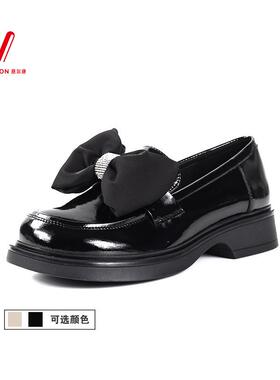 意尔康女鞋圆头一脚蹬乐福鞋蝴蝶结亮皮软底不累脚3262ZB47263U