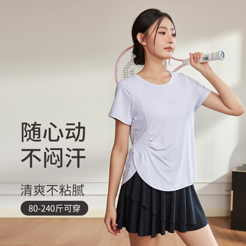 速干短袖T恤女大码瑜伽服胖MM上衣运动训练服跑步褶皱宽松健身衣